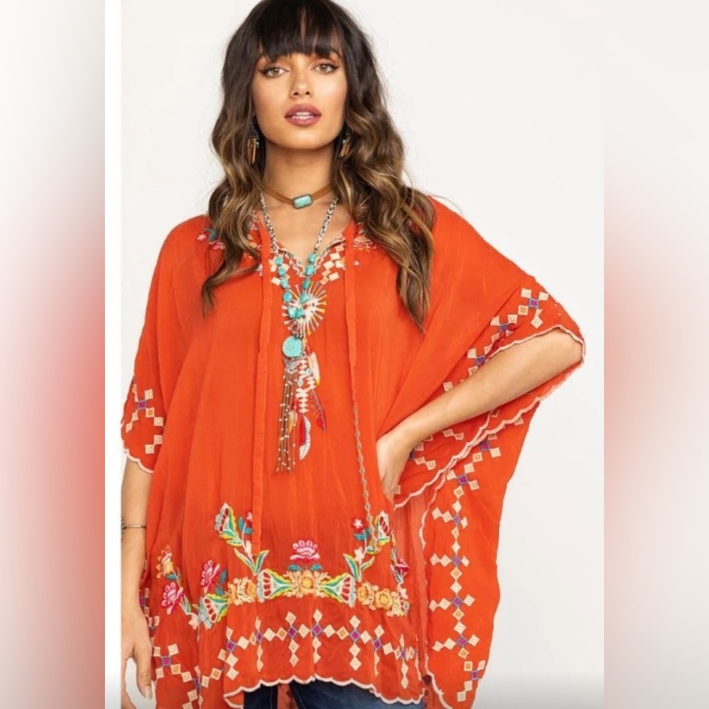 Johnny Was Dakota Embroidered Tie-NeckPoncho Top SzL Boho